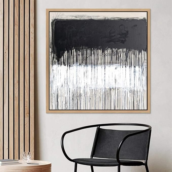 SIGNWIN Framed Canvas Print Wall Art Dripping Black & White Color Blocks Abstract Shapes Illustrations Modern Art Alternative Multicolor Dark for Living Room, Bedroom, Office - 16"x16" Natural