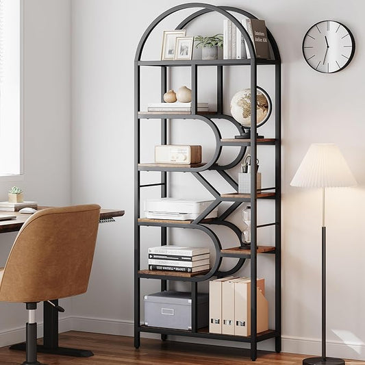 IDEALHOUSE Bookshelf 6 Tier Arched Bookcase 81.7in Tall Display Racks Geometric Open Storage Shelf Unique Book Rack Metal Frame Large Modern Book Shelf for Bedroom, Living Room, Home Office