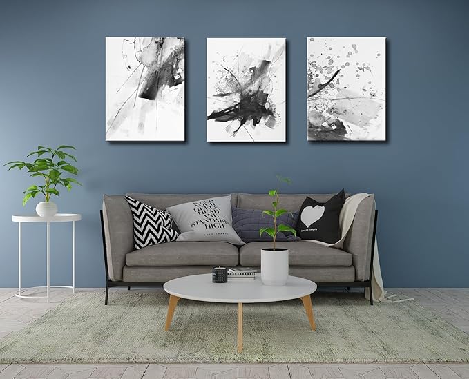 Abstract Black and White Wall Art Modern Artwork for Walls Ink Texture Painting Canvas Prints Watercolor Fluid Lines Pictures Framed Bedroom Office Living Room Bathroom Decorations 16"x24"x3pcs