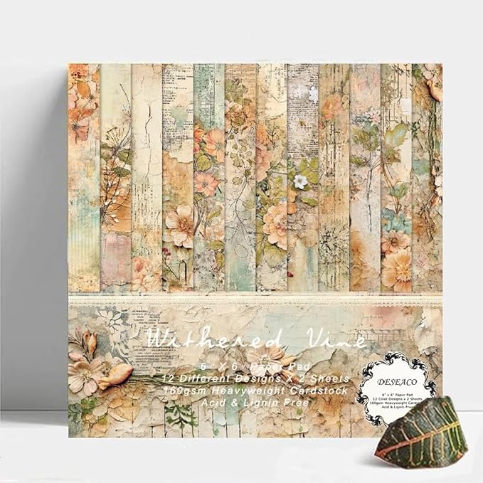 24 Sheets Vintage Floral Scrapbooking Paper Pad 6x6, Decorative Single-Side Craft Paper for Adult Journaling, Card Making, Collage & DIY Scrapbook Projects