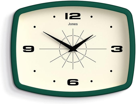 JONES CLOCKS® Movie wall Clock | Retro Rectangular Clock | 10 inch | Dark Green | Cool mid-Century Designer Look for Kitchen, Living Room or Office