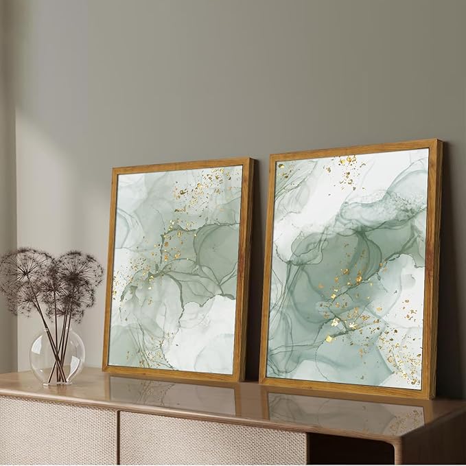 Framed Sage Green Wall Art Set of 3,Abstract Green Wall Decor Living Room,Minimalist Modern Framed Wall Art Marble Line Beige Gold Green Canvas Artwork Paintings,Boho Room Decor,Bedroom Bathroom Office Artwork,12"x16"