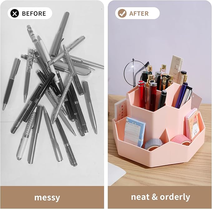 INSTOME Desktop Organizer with Pencil Holders,360°Rotating Pen Holder for Desk Organizer,9 Compartments and Makeup Brush Holders,Multifunctional Office Supplies for Home,Teachers and School (Pink)