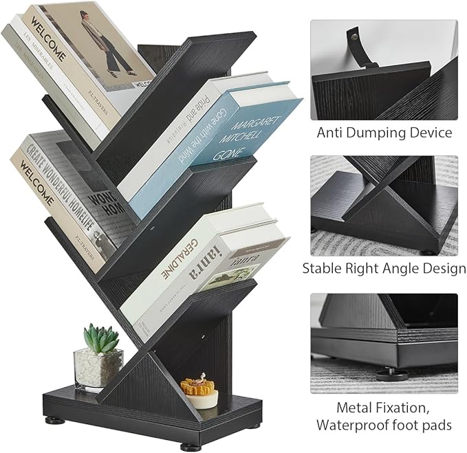 ruboka 5-Shelf Tree Bookshelf, 5 Tier Floor Standing Bookcase for CDs/Magazine/Books, Small Book Organizer for Bedroom, Living Room, Office,Balcony,Retro Storage Shelve