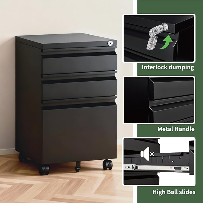 3 Drawer File Cabinet with Lock,Rolling Mobile File Cabinet with Wheels for Home Office,Under Desk Metal Filing Cabinet,Office Storage Organizer,Fully Assembled,Black