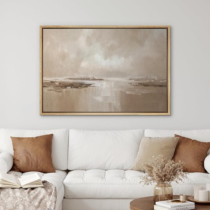 SIGNWIN Framed Canvas Print Wall Art Calm Coastal Horizon in Warm Neutral Tones Panorama Illustrations Modern Decorative for Living Room, Bedroom, Office - 16"x24" NATURAL