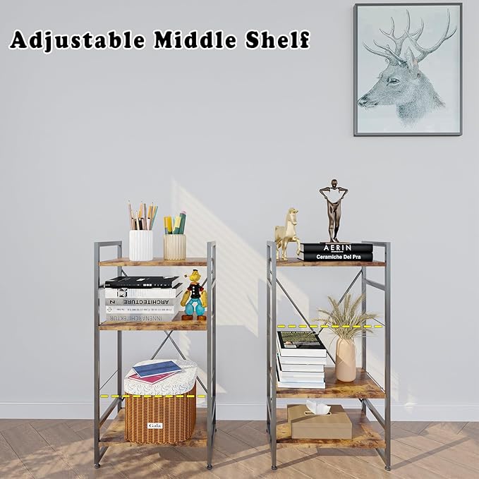 Bookshelf Organizer,3 Tiers Rustic Brown Small Bookcase for Small Space,Industrial Wooden Storage Bookcase Display Rack and Storage Organizer for Living Room and Home Office
