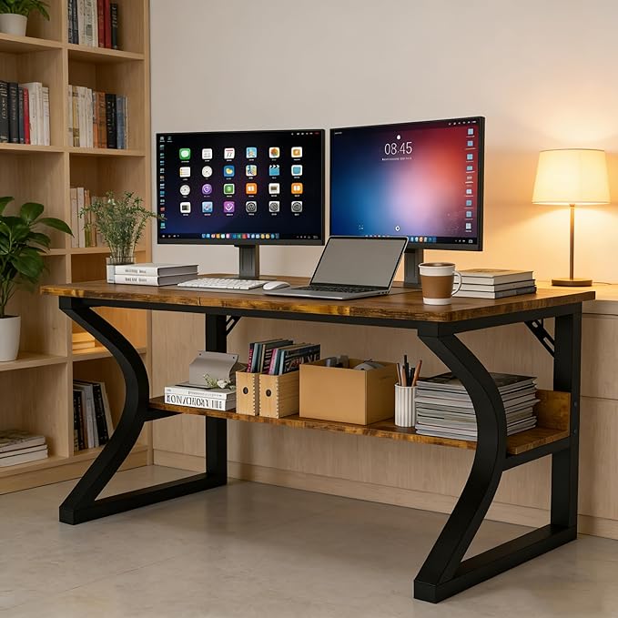 StarGraph Computer Desk 55 Inch Large Computer Desk with Storage Shelf Home Office Desk with C Shaped Metal Frame Writing Work Study Student Home Bedroom Office (Brown, 55inch)