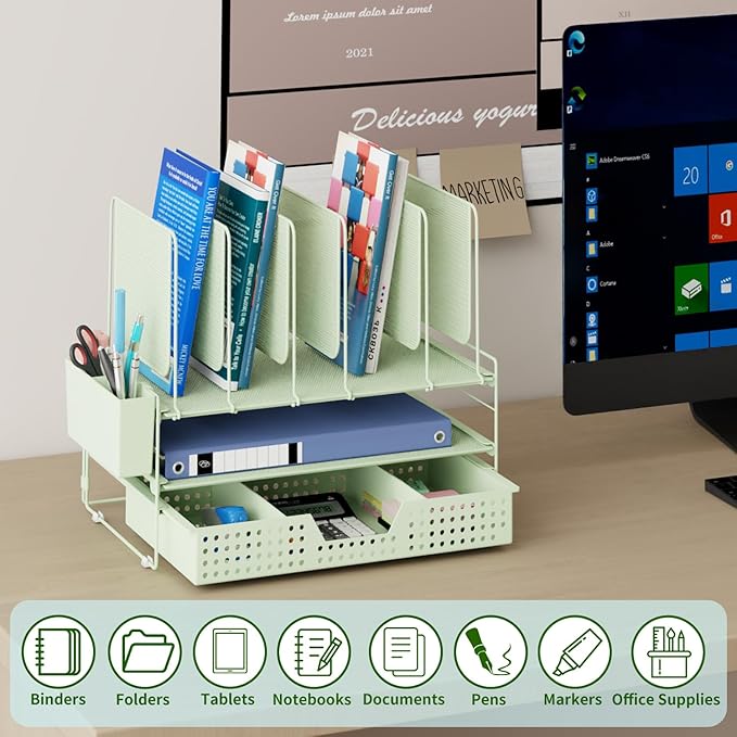 Green Desk Organizer, Office Organization with Vertical File Holder, File Organizer with Drawer and Pen Holder, Desk Accessories and Workspace Organizers for Home Office (Green)
