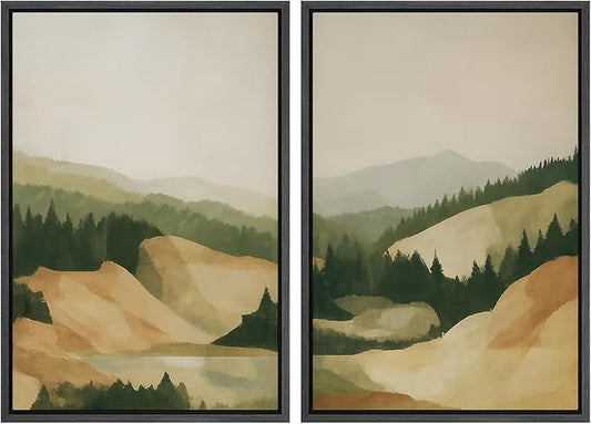 SIGNWIN Framed Canvas Print Wall Art Set Green and Beige Forest Hills Nature Mountain Landscape Illustrations Modern Art Decorative Multicolor for Living Room, Bedroom, Office - 16"x24"x2 Black