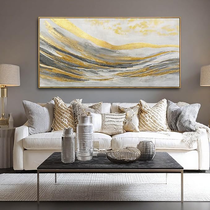 Artexist Abstract Wall Decor Modern Canvas Poster Gold Foil Wood Wall Art 24"x48" Pictures for Bedroom Wall Posters for Dining Room Area