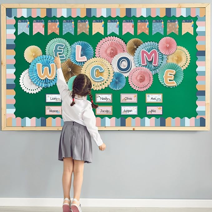 Qilery Welcome Bulletin Board Sets Welcome Back Classroom Decorations Bulletin Board Nameplate Cutout Paper Fans Banner for Back to School Chalkboard Wall Decor(Macaron)