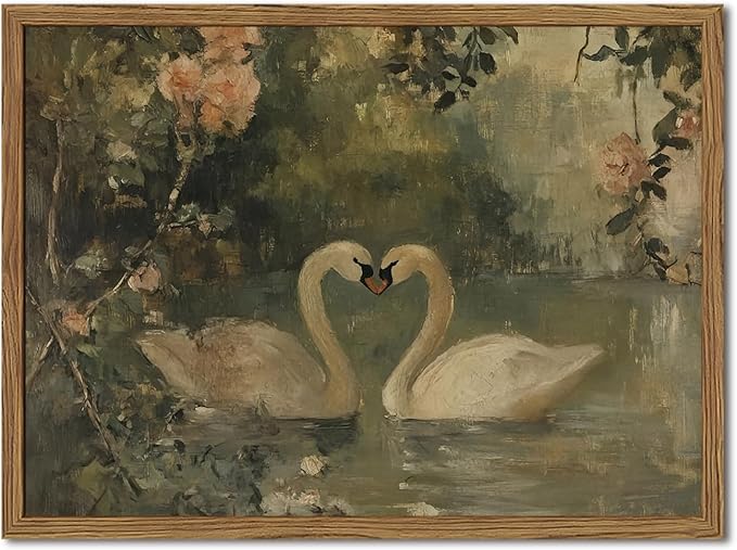 Framed Vintage Swan wall art, Rustic Romantic White Swan Pictures Wall Decor, Cottagecore Farmhouse Animal Paintings Canvas Prints Aesthetic Home Decor for Living Room Bedroom Bathroom 12x16 inch