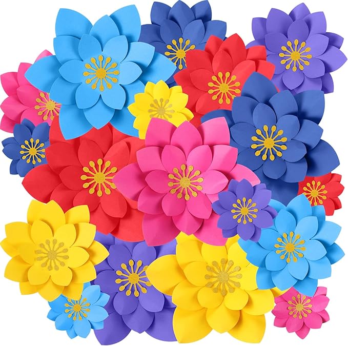 18 Pcs Paper Flowers Decor for Wall DIY Flower Bulletin Board 3D Spring Fiesta Mexican Paper Floral Decoration for Photo Backdrop Classroom Back to School Party(Lotus-Shaped,Dark)