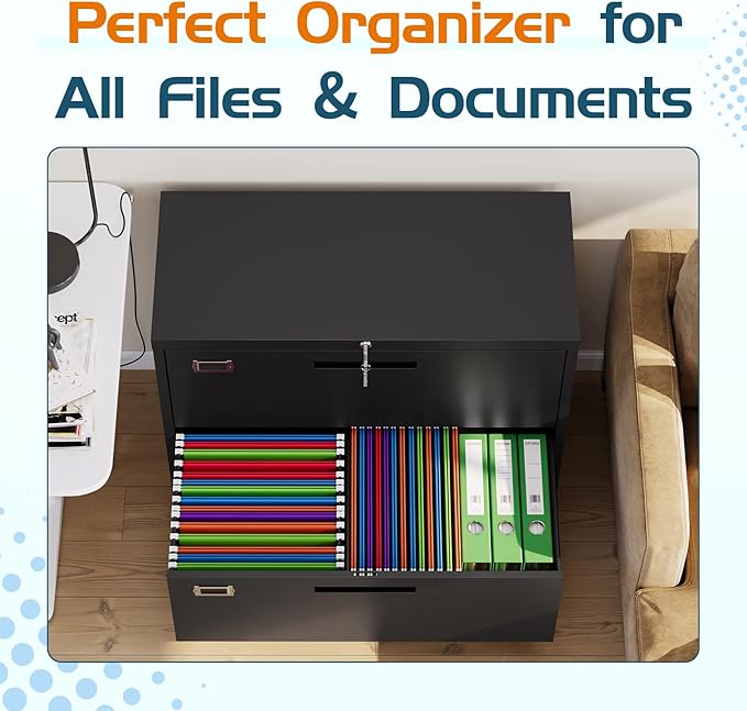 MIIIKO Lateral File Cabinet 2 Drawer, Black Metal File Cabinet with Lock, 35.4" Wide Drawers Storage File Cabinet for Hanging Files Folders Letter/Legal/A4 Size