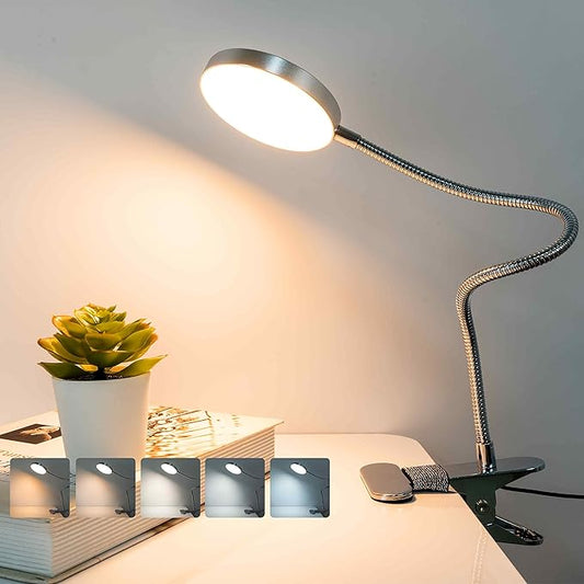 Clip-on Lamp Reading Light - 5 Color Modes, 10 Brightness Levels, 8W, 66 LED, Eye-Caring Metal Clamp Light with Gooseneck for Bed, Headboard, Desk, Video Conferencing, Makeup