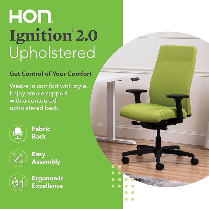 HON Ignition 2.0 Fabric Office Chair, Upholstered, Adjustable Arms, Advanced Synchro-Tilt Recline Executive Ergonomic Office Chair, Black Frame, Pear