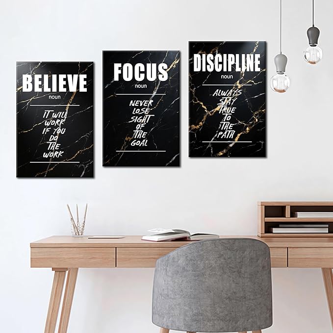Motivational Canvas Wall Art Believe Focus Discipline Entrepreneur Quotes Poster Print Inspirational Pictures Painting for Office Class Room School Wall Decoration Stretched and Framed [48''Hx24''W]