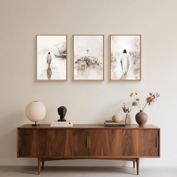 Jesus Christ Easter Framed Canvas Wall Art Set,Religious Christian Bible Verses Crucified Resurrection Wall Decor,Netural Beige Watercolor Artwork for Living Room,Church,Prayer Room -16"x24"x3