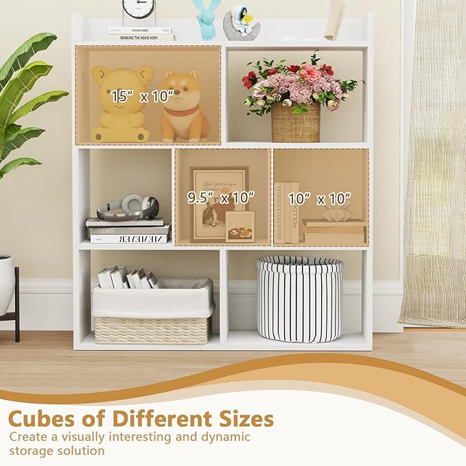 Tangkula 7-Cube Bookshelf, Floor Standing Open-Back Bookcase with Anti-Toppling Devices, Wooden Geometric Bookshelf, 4-Tier Storage Display Shelf for Living Room, Study, Office (1, White)