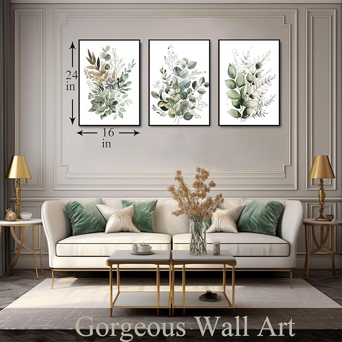 Bwodke Botanical Wall Art Plant Floral Watercolor Canvas Prints Set of 3 Framed Sage Green Painting Eucalyptus Leaf Picture Modern Minimalist Boho Decor Bedroom Bathroom Living Room 16"x24"
