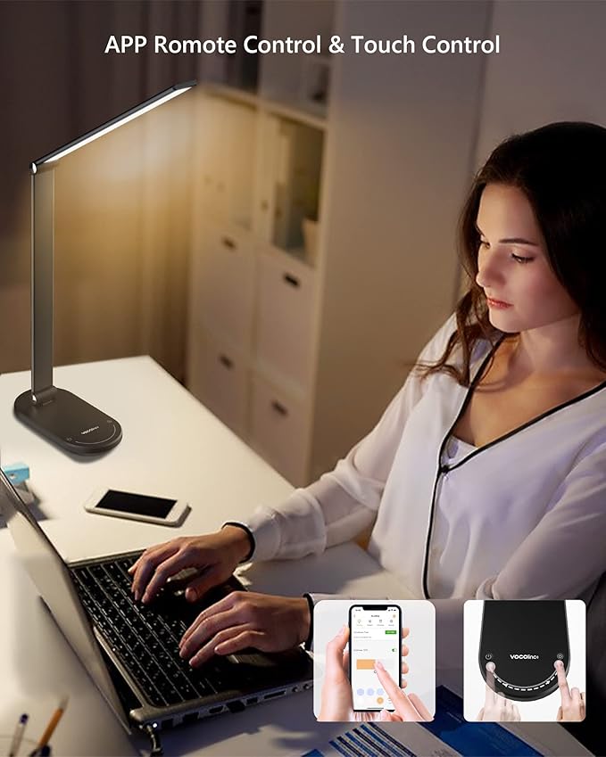 VOCOlinc Desk Lamp, LED Eye-Caring Desk Light for Home Office, Compatible with Homekit Alexa Google, Smart Desk Light with Stepless Dimming, Timer, Work for Reading, Study, Crafts
