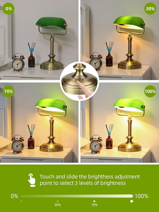Vintage Banker Lamp, Green Glass, Touch Control, 3-Way Dimmable, LED 6W, Brass Finish (Antique Brass+Green+Touch)