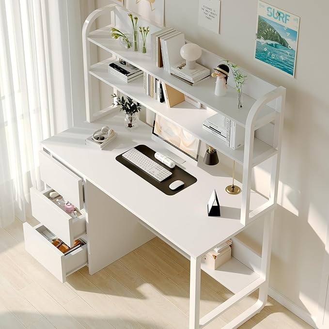 White Desk with Hutch, 47 Inch Computer Desk with 3 Drawers for Bedroom, Study Writing Desk with Shelves for Small Spaces, Adjustable Feet