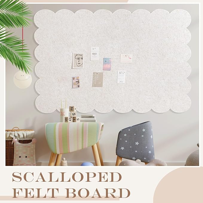 Scalloped Felt Bulletin Board 72 x 48 Inches Foldable Beige Pin Cork Board Alternative for Wall, 6' x 4' Trifold Picture Vision Self Adhesive Bulletin Decorative