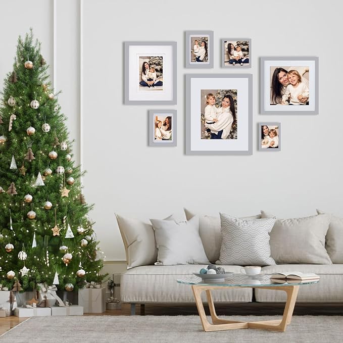 Egofine 5x7 Picture Frames Covered by Plexiglass, 4 Pack for Picture 4x6 with Mat or 5x7 whitout Mat Made of Solid Wood for Table Top Display and Wall Mounting Photo Frame, Light Gray
