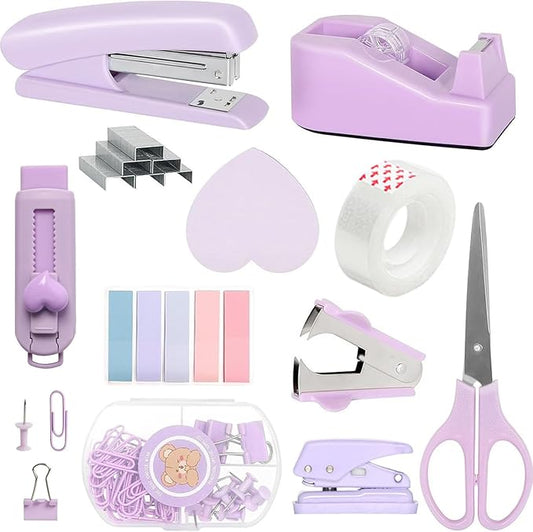 11pcs Desk Supplies Office Accessories for Women Clerks, Desk Accessories Colleagues, Purple Office Supplies with Stapler, Tape Holder, Scissors, Ruler, Staple Remover, Clips Set for School & Home