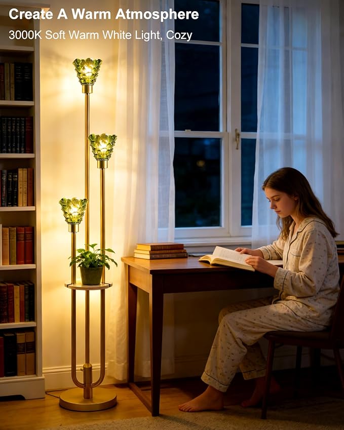 Lightdot Green Glass Floor Lamp with Shelf, 63IN Mid Century Modern Gold Standing Lamps with 3 3000K Soft Warm White Bulbs Included, Floor Lamp for Living Room/Wedding/Office