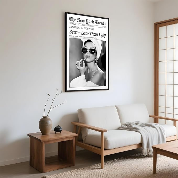 Framed Better Late Than Ugly Wall Decor Vintage Newspaper Wall Art Black and White Fashion Poster Audrey Hepburn Chic Decor New York Trends Glam Quote Canvas Print for Bedroom Bathroom Dorm 12x16inch