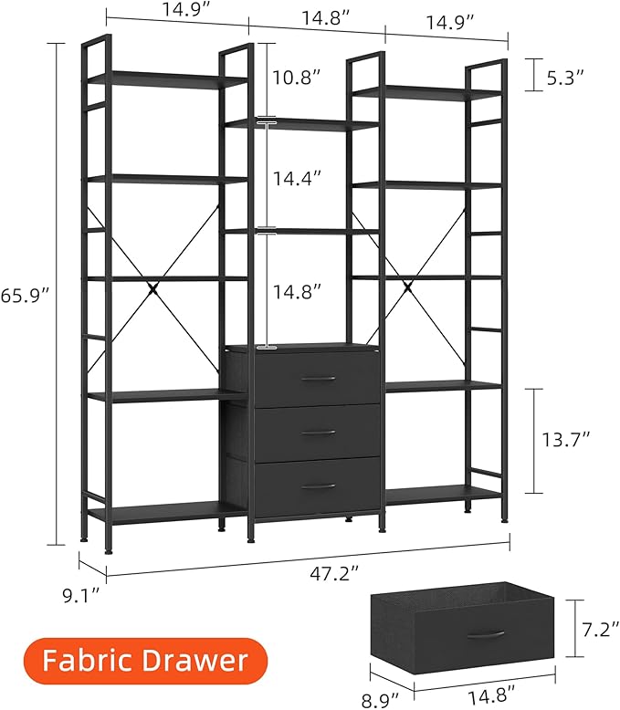 Triple Bookshelf with 3 Fabric Drawers, 5-Tier Book Shelf and 10 Display Shelves, Industrial Large Bookcase for Home & Office, Black, 47'' Wide