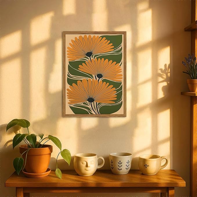 Framed Boho Floral Canvas Wall Art, Vintage Flower Pictures Wall Decor, Abstract Botanical Paintings Prints Maximalist Home Decor for living Room Bedroom Office 16x24 inch