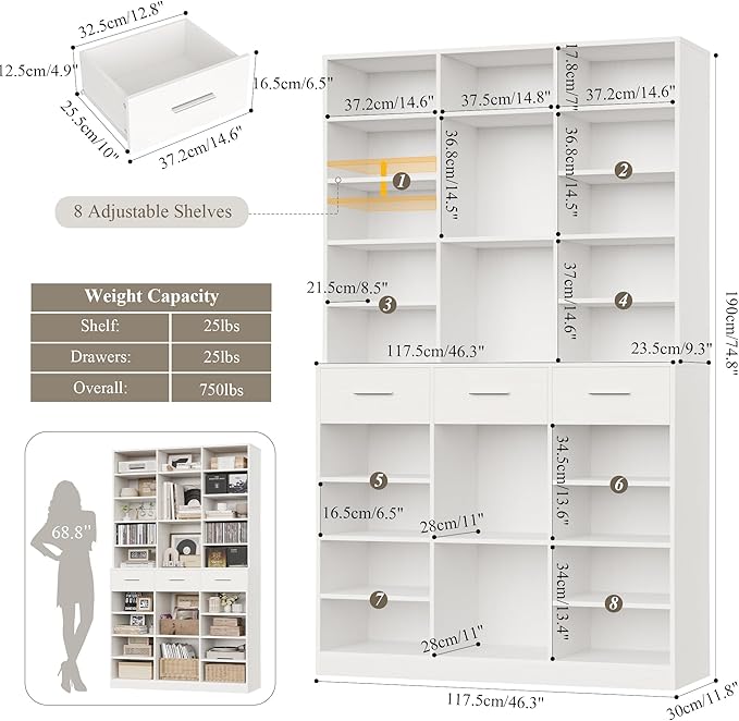 HOSTACK 75" Tall Book Shelf and Bookcase, 47" Wide Bookshelf with Drawers, Modern 9 Tier Bookcase with Storage, Large Wood Display Cabinet with Adjustable Shelves for Living Room, Home Office, White