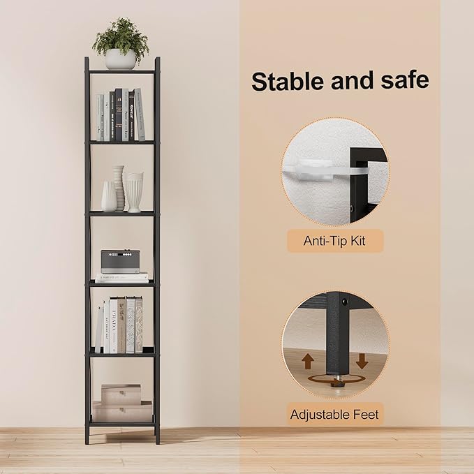 Homhedy 6 Tier Bookshelf, Tall Narrow Bookcase for Small Space, Metal Storage Book Shelf, for Home Office, Living Room, Kitchen, Bedroom, Industrial Style, 10.4" D x 13" W x 67.4" H, Black