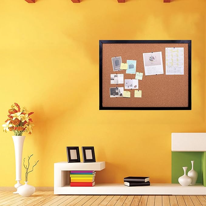 Black Cork Board Bulletin Board, 14.6"X 11" Cork Board, Oak Wood Finish Frame, Wall Mounted Cork Board for Office Home and School(Pins, Eye Bolts, gaskets, Screws)