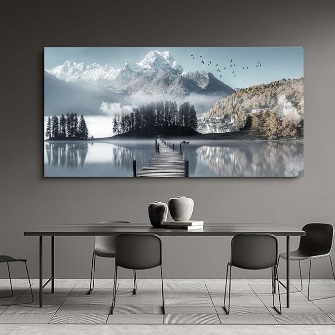 Bamdeya Lake Pictures Mountain Canvas Wall Art for Living room Bedroom Wall Decor Landscape Canvas Picture Natural Scenery Wall Art Prints Tree Painting Framed Artwork for Kitchen Office Home Decoration