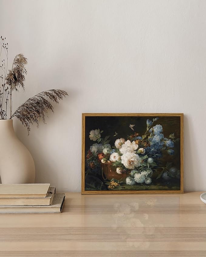 ARPEOTCY Vintage Framed Canvas Wall Art, Bathroom Hydrangea Peonies Floral Pictures Retro Wall Prints Decor, Bedroom Living Room Flower Paintings Farmhouse Moody Decor, 8x10 Inch