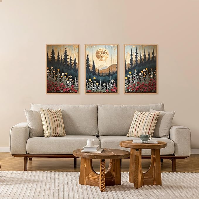 Ausril Vintage Moon Forest Framed Canvas Wall Art Set, Wildflower Forest Mountain Wall Decor, Nature Pine Tree Wall Painting, Colorful Floral Art Prints for Living Room, Bedroom, Office - 24"X36"X3