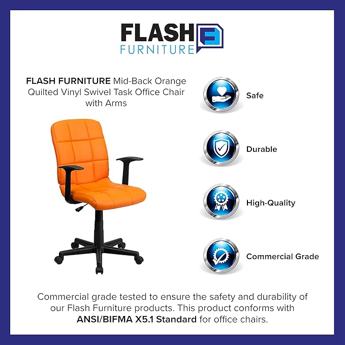 Flash Furniture Clayton Mid-Back Orange Quilted Vinyl Swivel Task Office Chair with Arms