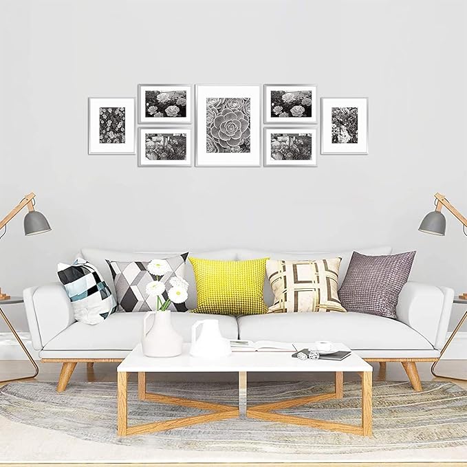 Golden State Art, Aluminum Gallery Wall Frame Set of 7 - Includes One 11x14, Two 8x10, and Four 5x7 - Metal Frames with Mat & Real Glass Cover for Elegant Home or Office Decor (Style 2, Silver)