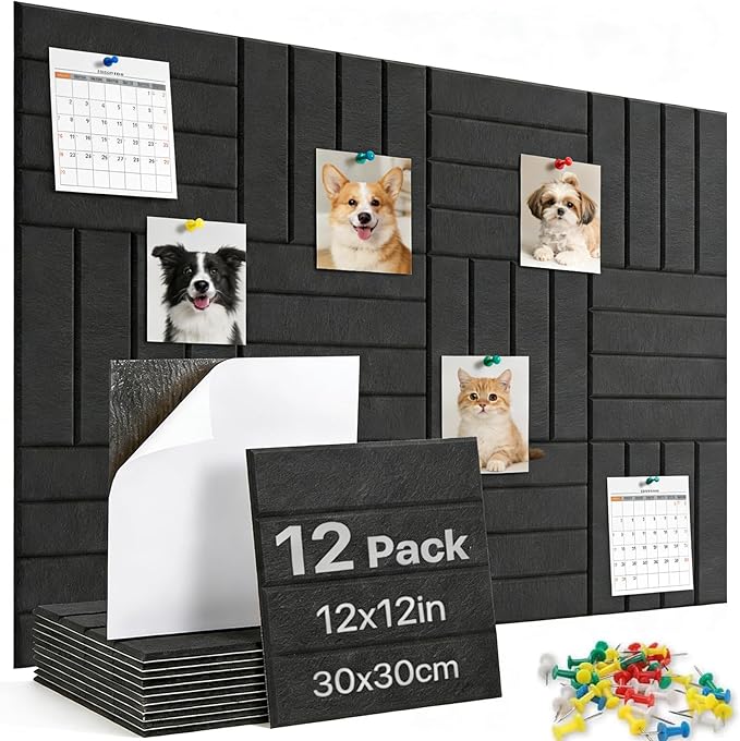 Large Bulletin Board 48"x36",Large Cork Board Alternative,Felt Bulletin Board Tiles with 35 Pushpins,12 Pack Felt Cork Board Tiles with Self Adhesive for Office Pin Board, Home & Classroom