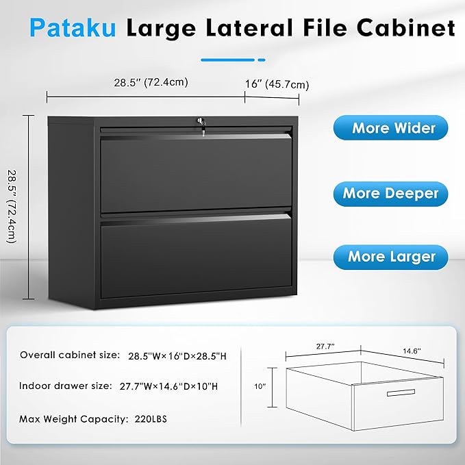 Pataku Lateral File Cabinet, 2 Drawer File Cabinet with Lock, Black Filing Cabinets for Home Office, Metal File Cabinet for Hanging Files/Letters/Legal/F4/A4