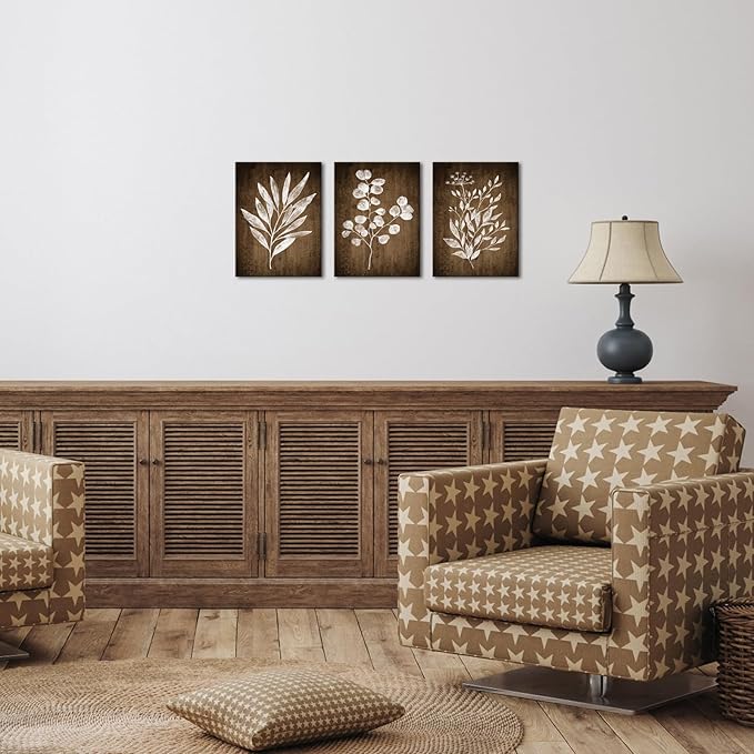 Conipit Rustic Botanical Wall Art Canvas Brown Botanical Painting Minimalist Vintage Leaf Plant Artwork Prints Framed For Living Room Bedroom Wall Decor 12''X16''X3pcs