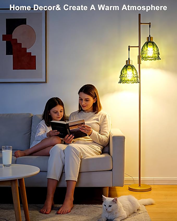 Gold Dimmable Floor Lamp for Living Room, 2-Light 65IN Tall Standing Lamps with Green Glass Lampshade, 3000K Warmwhite Mid Century Modern Floor Lamp for Bedroom/Home Office/Corner