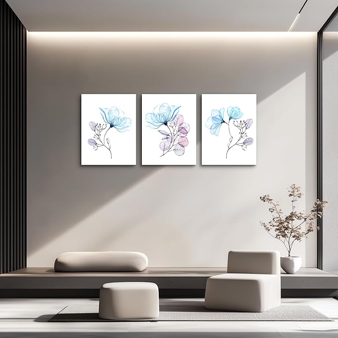 3 Piece Modern Blue Flowers Canvas Wall Art for Bedroom Living Room decor,Bathroom Wall Decor,3 Panels framed Wall Watercolor Painting Kitchen Home Decoration Canvas Print Artwork Wall Mural