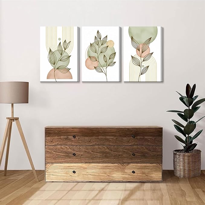 3Pcs Framed Sage Green Boho Canvas Wall Art Modern PinkBotanical Posters Print Abstract With Leafr Pictures Wall Decoration For Living Room Bedroom Bathroom