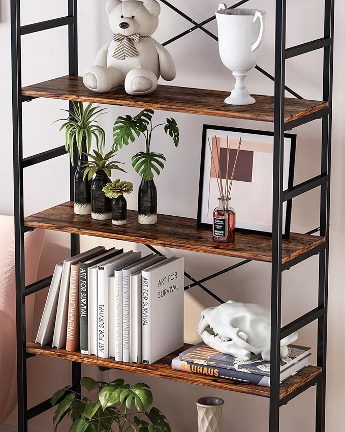 6-Tier Adjustable Tall Bookcase, Rustic Wood and Metal Standing Bookshelf, Industrial Vintage Book Shelf Unit, Open Back Modern Office Bookcases